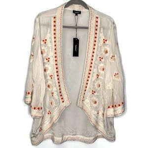 Tolani Embroidered Open Front Karma White Kimono Jacket Size L NWT! $173